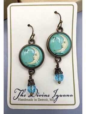 The Divine Iguana La Luna Loteria Moon Face Dangle Drop Earrings New In Box